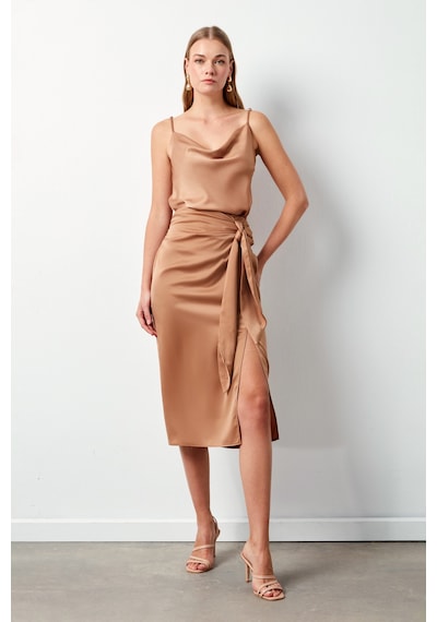 Sateen Yırtmaçlı Saten Etek - Camel