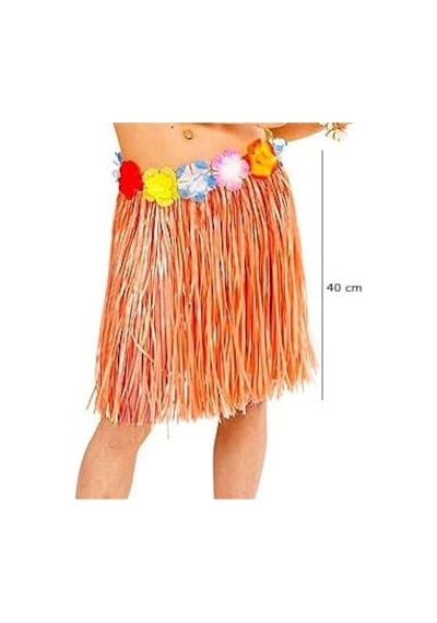 Yetişkin Ve Çocuk Uyumlu Turuncu Renk Püsküllü Hawaii Luau Hula Etek 40 CM