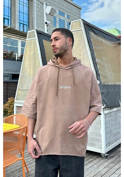 Kahverengi Dropsize Nakış Detaylı Kapüşonlu Ph Oversize Tişört Kahverengi
