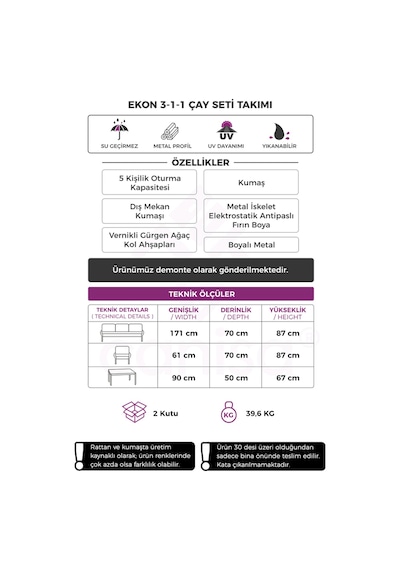 Canisa Ekon Serisi 1. Sınıf 3+1+1 Gri Bahçe Balkon Oturma Koltuk Takımı