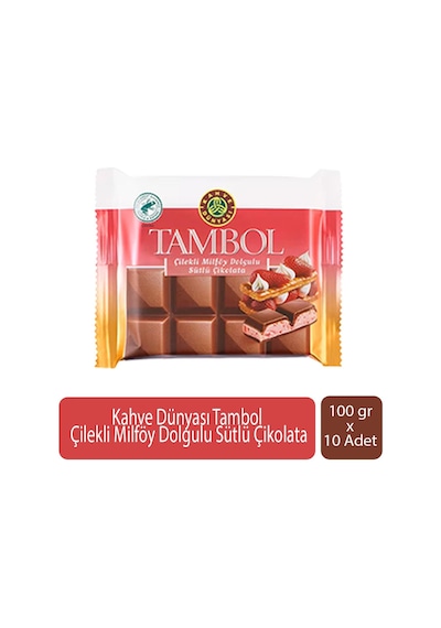 Kahve Dünyası Tambol Çilekli Milföy Dolgulu Sütlü Çikolata 100 Gr X 10 Adet
