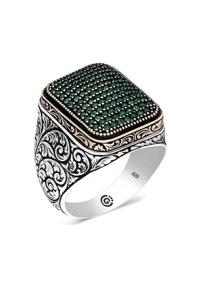 Premium 925 Ayar İthal Gümüş Yeşil Zirkon Taşlı Kare Erkek Yüzük - 22 Ölçü