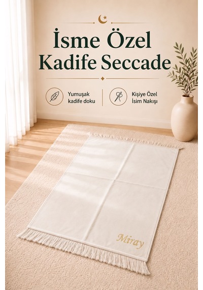 Kişiye Özel İsim Nakışlı Kadife Seccade Ve İsimli Kadife Yasin Seti Krem