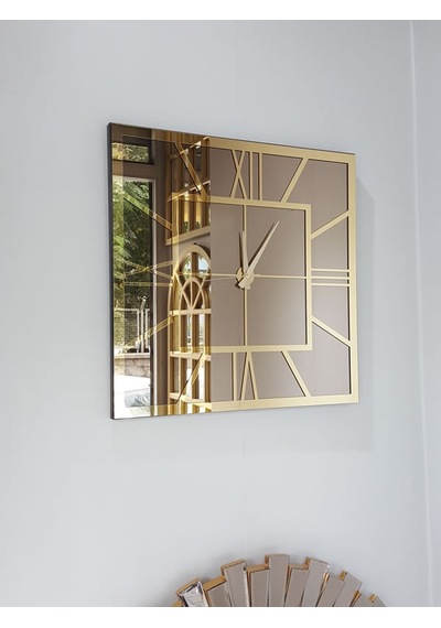Ayna Denizi Golden Quare Bronze Model Altın Bronz Renk 60 CM x 60 CM Dekoratif Aynalı Duvar Saati Altın