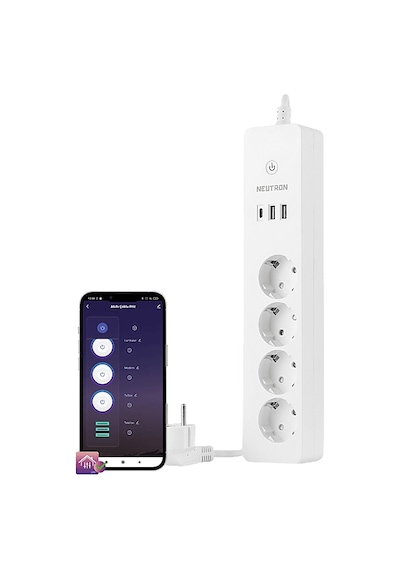 Neutron Akıllı Wi-fi Destekli 4'lü Akım Korumalı Priz 2 USB 1 Type-C Uzatma Kablosu
