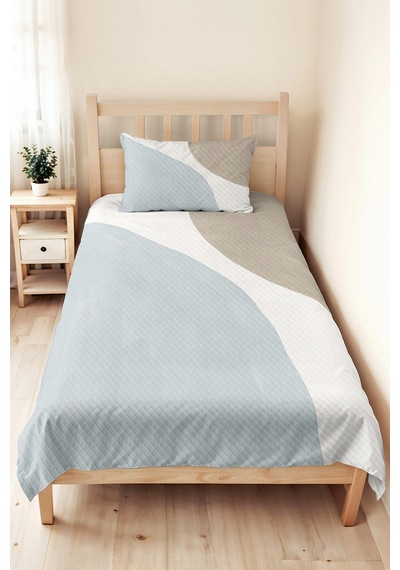 Mavi Geometrik Modern Tek Kişilik Pike Takımı - Gri Beyaz Minimal 160x220 Cm Yazlık Yatak Örtüsü Narin Mum Esintisi