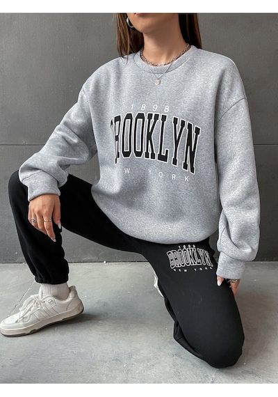 1898 Brooklyn Baskılı Bisiklet Yaka Gri Sweatshirt Ve Siyah Eşofman Altı Eşofman Takımı Gri