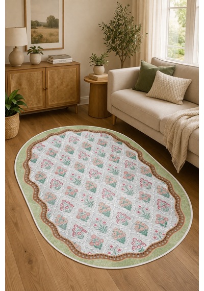 Floral Desen Çerçeveli Oval Baskılı Kaymaz Yıkanabilir Salon Oturma Odası Mutfak Antre Halısı Yeşil