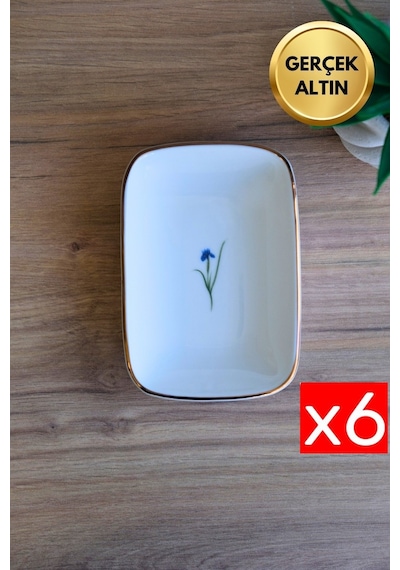 Tabak Evi Porselen Natura İris Altın Yaldızlı Dikdörtgen Kayık Tabak 14x9,8cm 6 Lı Çok Renkli