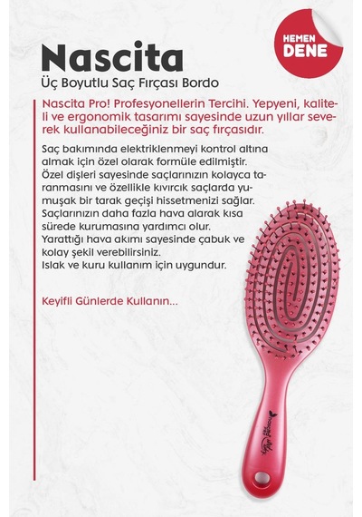 Nascita Üç Boyutlu Oval Saç Fırçası Bordo