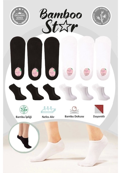 Bamboo Star Bambu Kadın Sneaker 3 Siyah - 3 Beyaz Çorap Dikişsiz Bilekte Görünmez Spor Çorap Premium 6'lı Paket Siyah - Beyaz