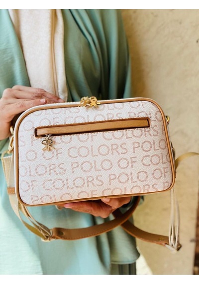 Polo Of Colors 5 Gözlü Monogram Suni Deri Çapraz Ayarlanabilir Askılı Kadın Omuz Çantası Krem-camel
