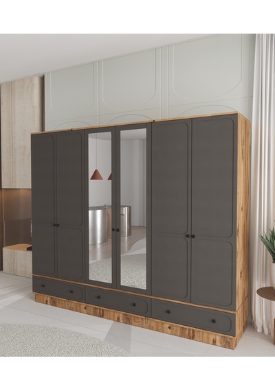 Irmak 6 Kapaklı Çekmeceli Bazalı Gardırop - Tamamı Mdf Antrasit