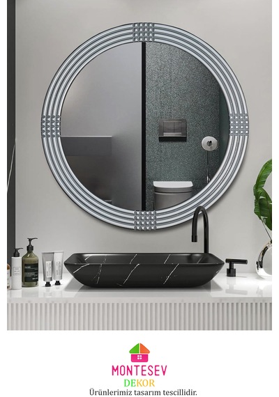 Safir Ahşap Gümüş Yuvarlak Ayna Işlemeli Duvar Banyo Aynası 43 Cm GÜMÜŞ