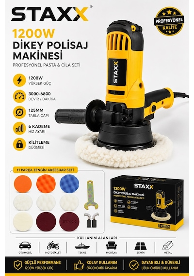 Staxx St9955x Devir Ayarlı Araç Koltuk Yıkama Zımpara Parlatma Pasta Cila Polisaj Makinası Full Set