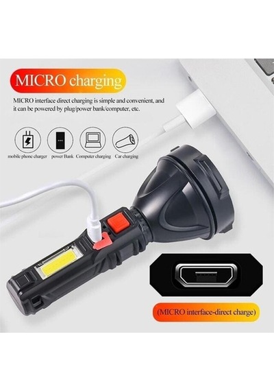 Gs-850 Usb Girişli 10w- Uzun Menzilli - Usb Şarjlı - Flaşörlü El Feneri Siyah