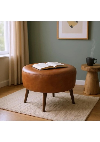 Waterybrook Suni Deri Puf Large - Ceviz Ahşap Ayaklı - Retro Modern Tasarım - Dekoratif Sehpa Taba Kahverengi