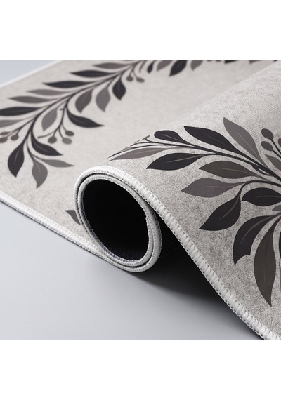 Kartela Halı Hoş Geldiniz Yazılı Yaprak Desenli Kapı Paspası Antrasit Kaymaz Kauçuk Taban 60x90 Cm