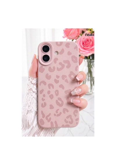 Fibaks iPhone 16 Uyumlu Kılıf Pembe Leopar Desenli İnce Yumuşak Silikon Kapak