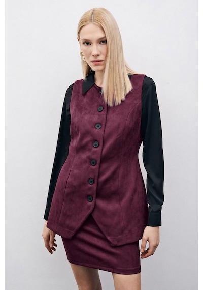 Sateen Düğmeli Uzun Süet Yelek - Mürdüm-135508 Mürdüm