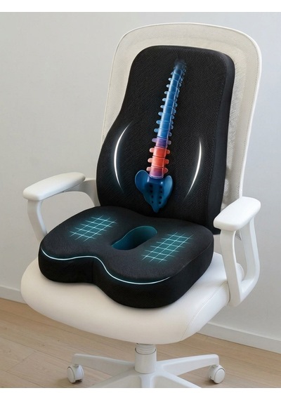 Yeni Nesil Visco Ortopedik Ergonomik Kaymaz Taban Terlemez 2 Li Takım - Ofis, Araç, Ev Çalışma Sandalyesi Minder Ve Yastık Set Rahat Duruş Ortopedik Visco