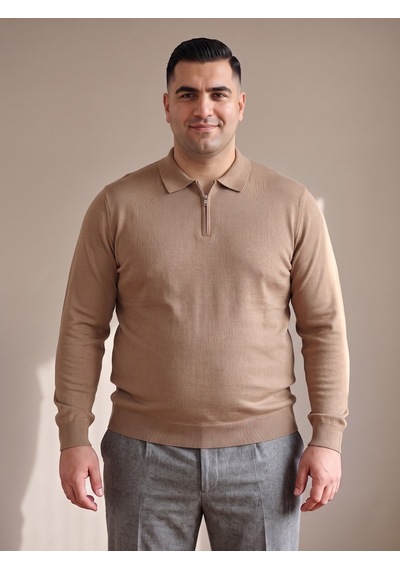 Maccali Erkek Taba Büyük Beden Düz Fermuarlı Polo Yaka Triko Kazak