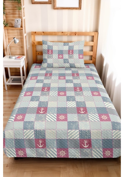 Marine Mavi Genç Odası Tek Kişilik Pike Takımı - Patchwork Pudra 160x220 Cm Kapitone Yatak Örtüsü Ayazlı Kahve Harmonu