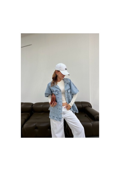 Kene Jeans Kadın Buz Kar Panço Oversize Kot Yelek Mavi