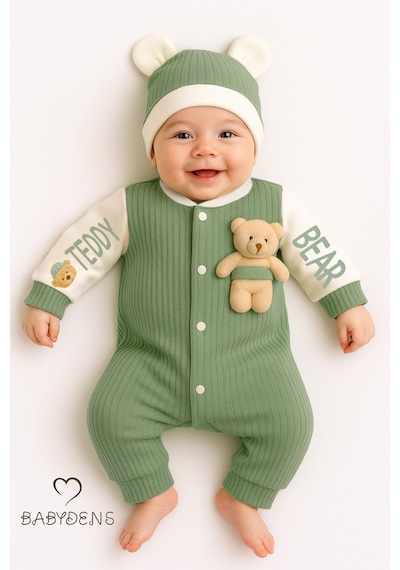 Babyden's Teddy Bear Temalı Yenidoğan Fitilli Tulum Takımı Ayıcıklı Erkek Bebek Tulum Şapka Set %100pamuk Yeşil