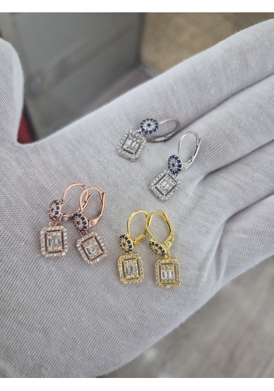 925 Ayar Papatya Silver Baget Taşlı Nazar Küpe.rose.gold.rodaj Gümüş