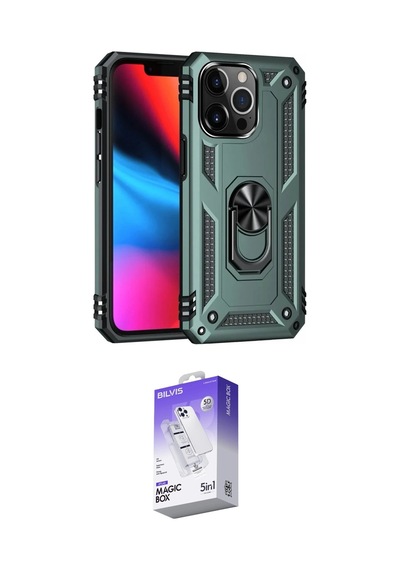 İeg Apple iPhone Uyumlu  13 Pro Max Kılıf Ahenk Klasik Koleksiyonu - Siyah Bilvis 5in1 3d Magic Cam Ekran Koruyucu Yeşil
