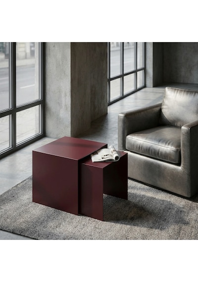 Modern Metal Zigon Sehpa Seti Minimal Tasarım İç İçe Geçen Yan Sehpa 2 Li Set Bordo