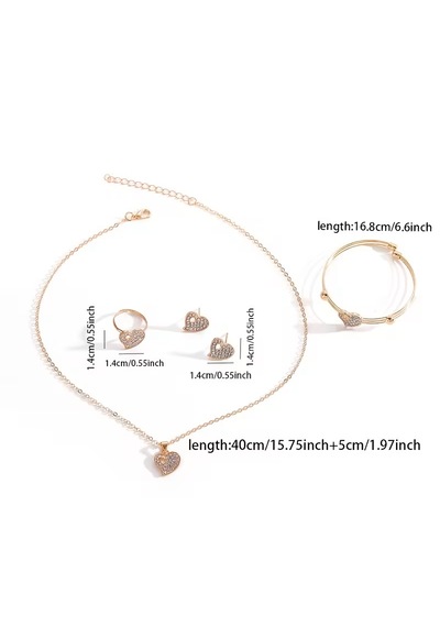 Moda Kolye, Küpe, Yüzük, Kalp Crystal Set, Sevgililer Günü Altın