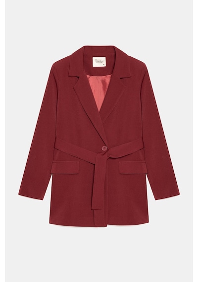 Sââde Kadın Tek Düğmeli Dokuma Kruvaze Blazer Ceket - Kuşaklı Bordo
