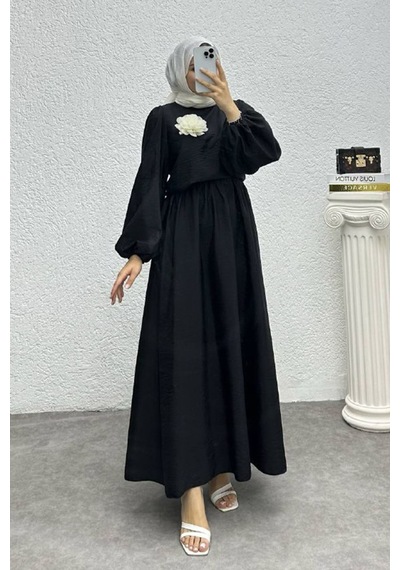 Neşeli Butik Kadın Çiçek Detaylı Etekli Tesettür Takım Nms004 Siyah
