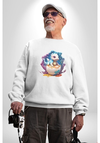 Sevimli Bebek Ejderha Elmas Yumurta Unisex Beyaz Baskılı Sweatshirt Beyaz