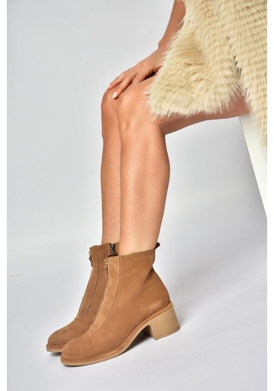 Fox Shoes Z555671002 Taba Hakiki Deri Süet Kalın Topuklu Kadın Bot