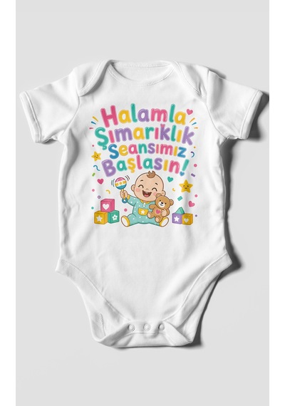 Morivokids Halamla Şımarıklık Seansımız Başlasın Kısa Kollu Bebek Body %100 Pamuk Beyaz