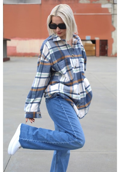 Madmext Lacivert Oversize Kadın Oduncu Gömlek Mg1589
