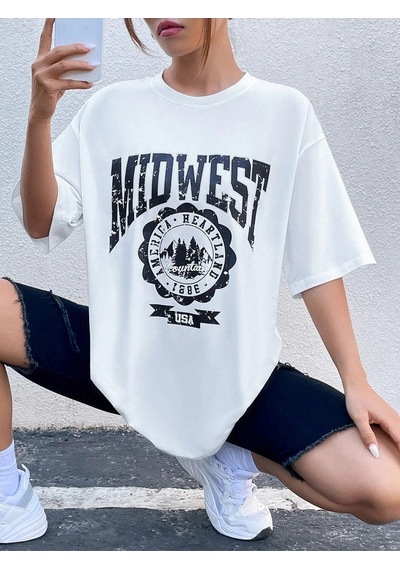 Beyaz Oversize Midwest Series 6 T-shirt - Oversize Baskılı Beyaz