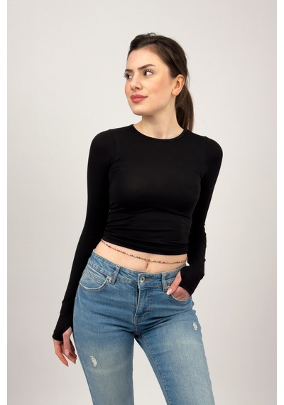 Kadın Bisiklet Yaka Parmak Detaylı Spor Body Basic Soft Touch Spor Crop Siyah