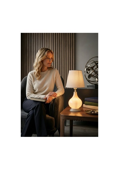 Işık Geçiren Porselen Abajur 46 Cm - Krem, İpek Şapkalı Pa020104x