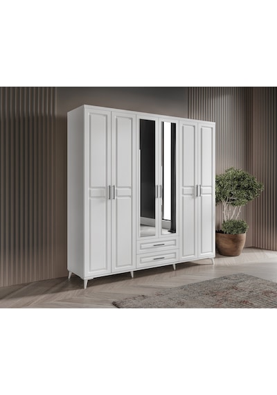 GuneyStore Gözde 6 Kapaklı Aynalı Komple MDF Beyaz Gardırop
