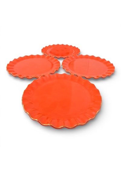 Sudedi Home Gerçek Altın Yaldızlı Cam Pasta Tabağı 21 Cm Turuncu 4 Kişilik Set Turuncu