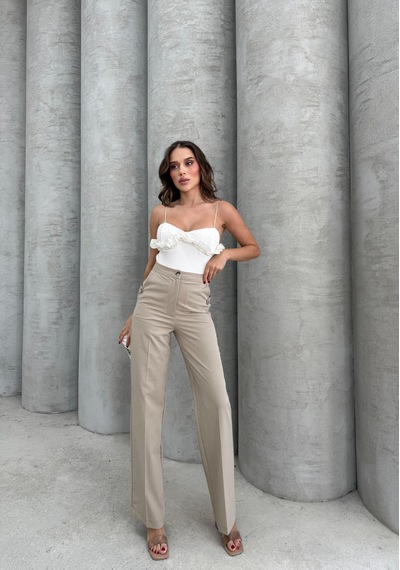 Krem Cep Düğme Detaylı Pantolon Krem