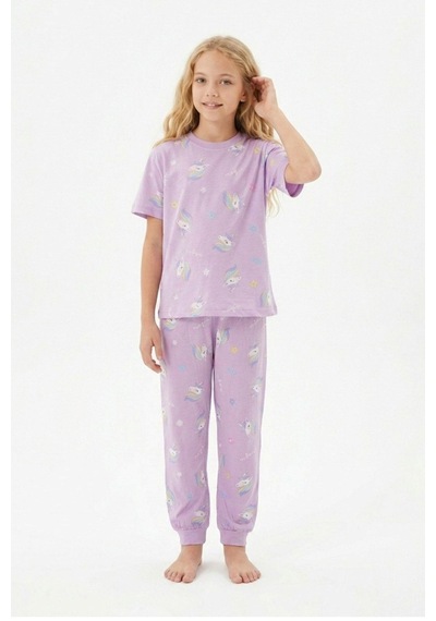 Zuzunga Unicorn Desenli Kısa Kollu Pamuk Kız Çocuğu Pijama Takımı Lila