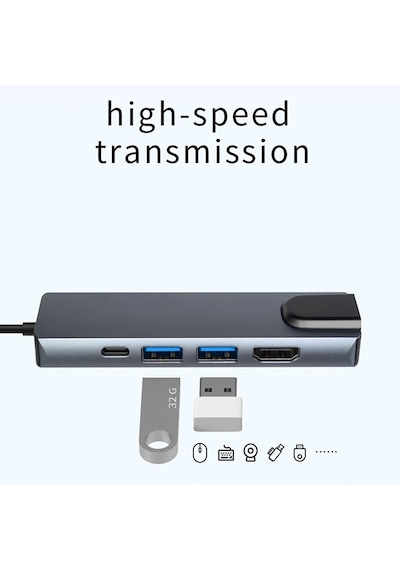 Tr-12 4K Hdtv - Rj45 5 Port Type-C To 100 Mbps Apple Uyumlu MacBook Hub