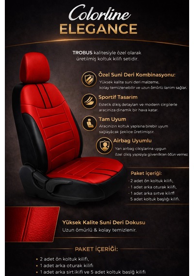 Hyundai Accent Era 2006-2011 Uyumlu Colorline Elegance Deri Kırmızı Siyah Koltuk Kılıfı