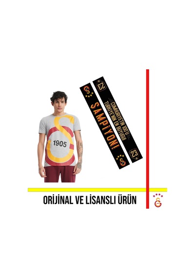 Galatasaray Lisanslı Büyük Logolu Gri T-shirt Ve 23 Şampiyonluk Şal Atkı Gri
