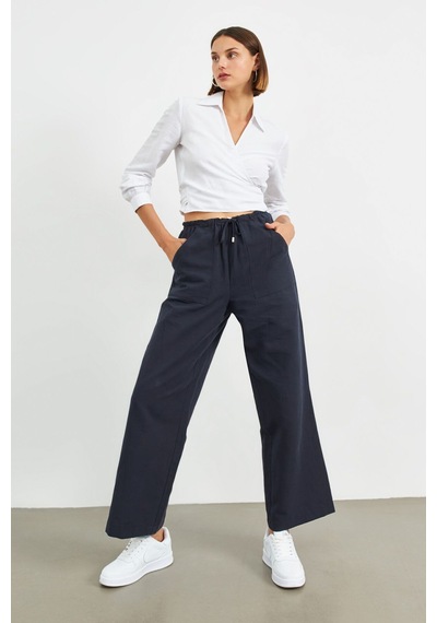 Stella Pulvis Lacivert Beli Lastikli Keten Basic Pantolon Lacivert